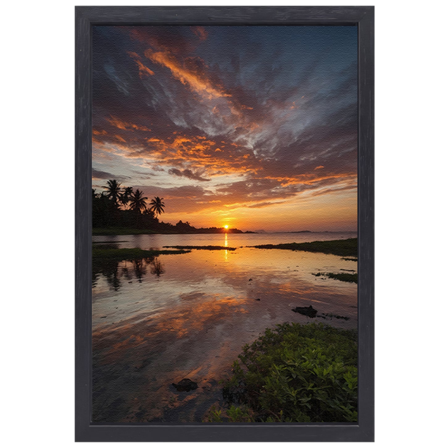 Adembenemende zonsondergang weerspiegeld in water canvas met baklijst
