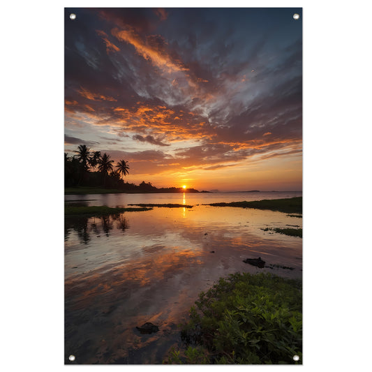 Adembenemende zonsondergang weerspiegeld in water tuinposter
