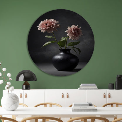 Elegante zwarte vaas met beige bloem aluminium muurcirkel