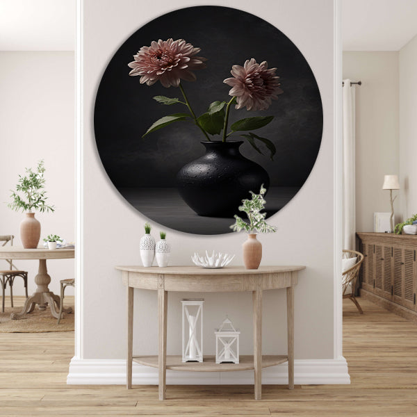 Elegante zwarte vaas met beige bloem aluminium muurcirkel
