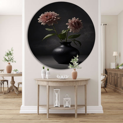 Elegante zwarte vaas met beige bloem aluminium muurcirkel