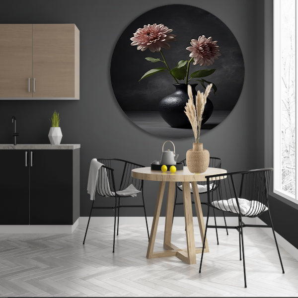 Elegante zwarte vaas met beige bloem aluminium muurcirkel