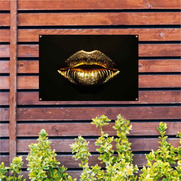 Donkere achtergrond met stralende gouden lippen tuinposter