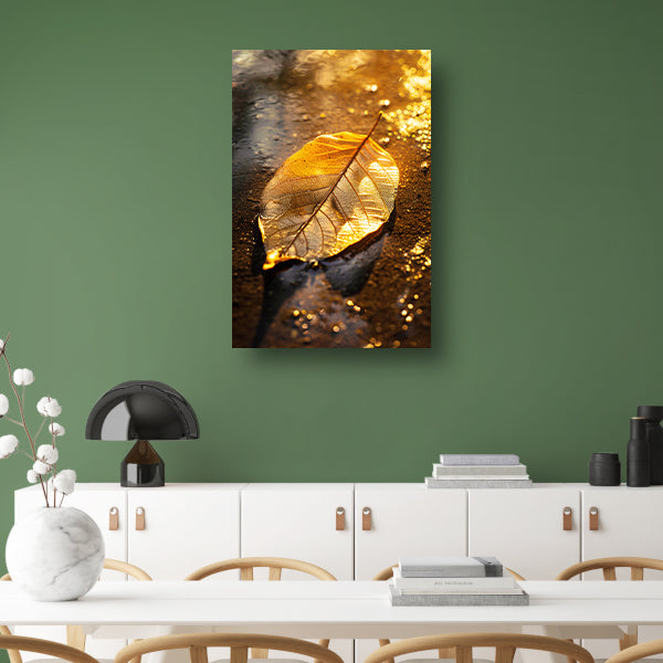 Herfstblad in gouden licht op natte ondergrond canvas