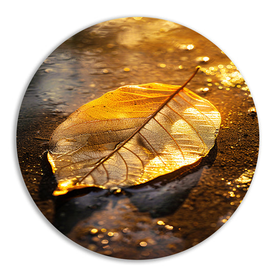 Herfstblad in gouden licht op natte ondergrond aluminium muurcirkel