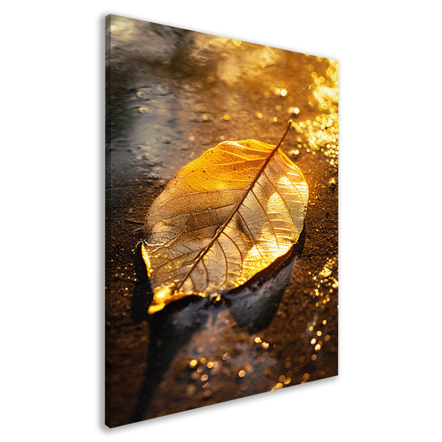 Herfstblad in gouden licht op natte ondergrond canvas