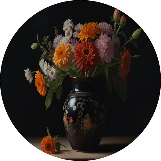 Elegante Bloemenpracht in Versierde Vaas aluminium muurcirkel