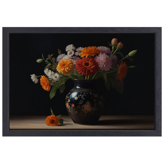 Elegante Bloemenpracht in Versierde Vaas canvas met baklijst