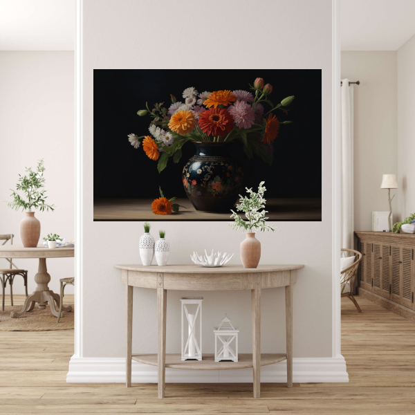 Elegante Bloemenpracht in Versierde Vaas canvas met baklijst