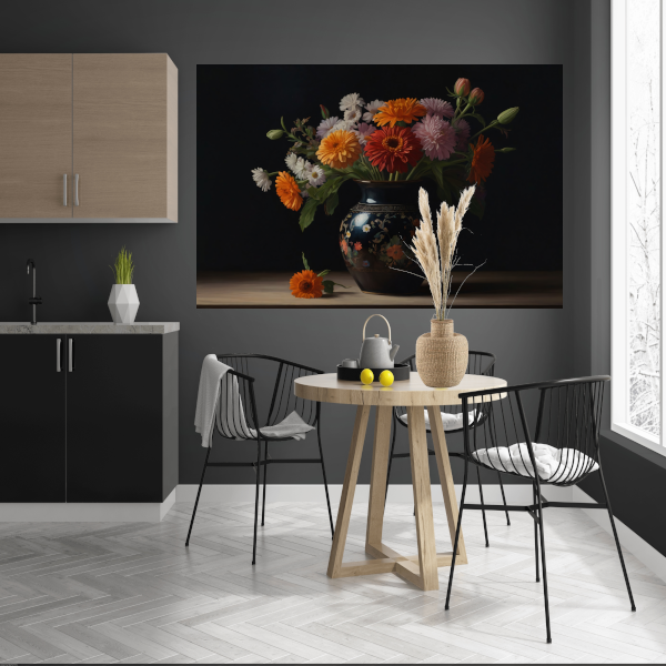 Elegante Bloemenpracht in Versierde Vaas canvas met baklijst