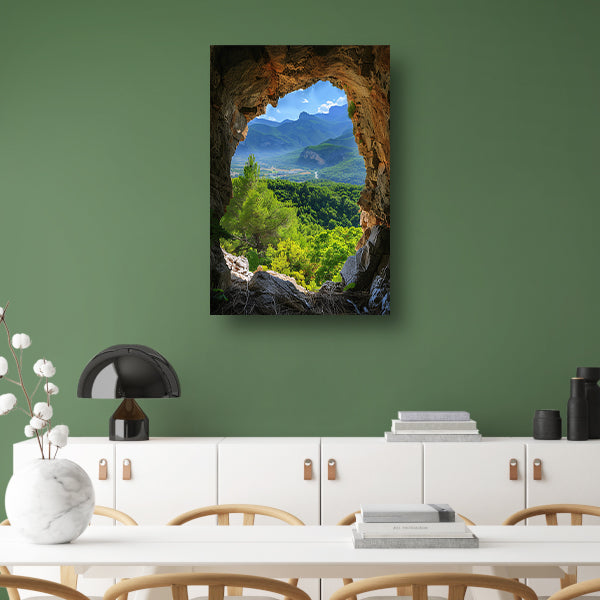 Berglandschap gezien vanuit een grot poster