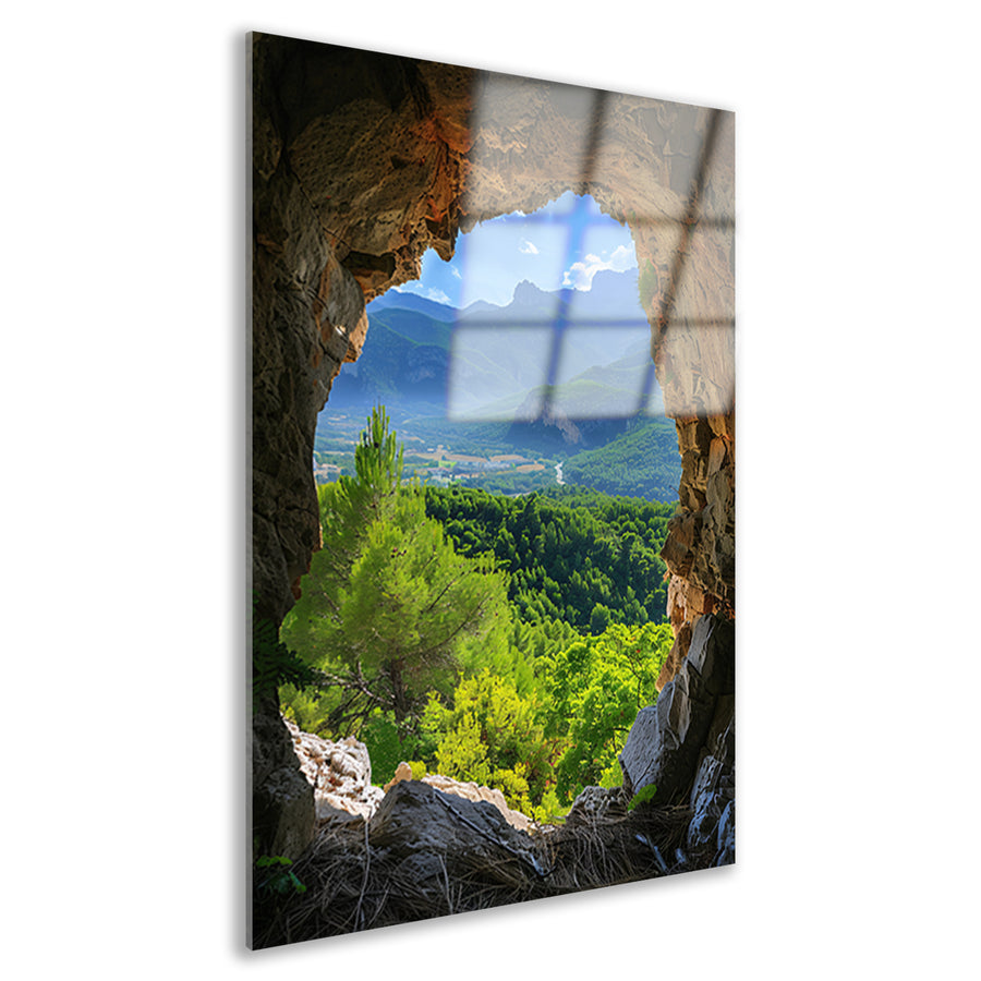 Berglandschap gezien vanuit een grot acrylglas