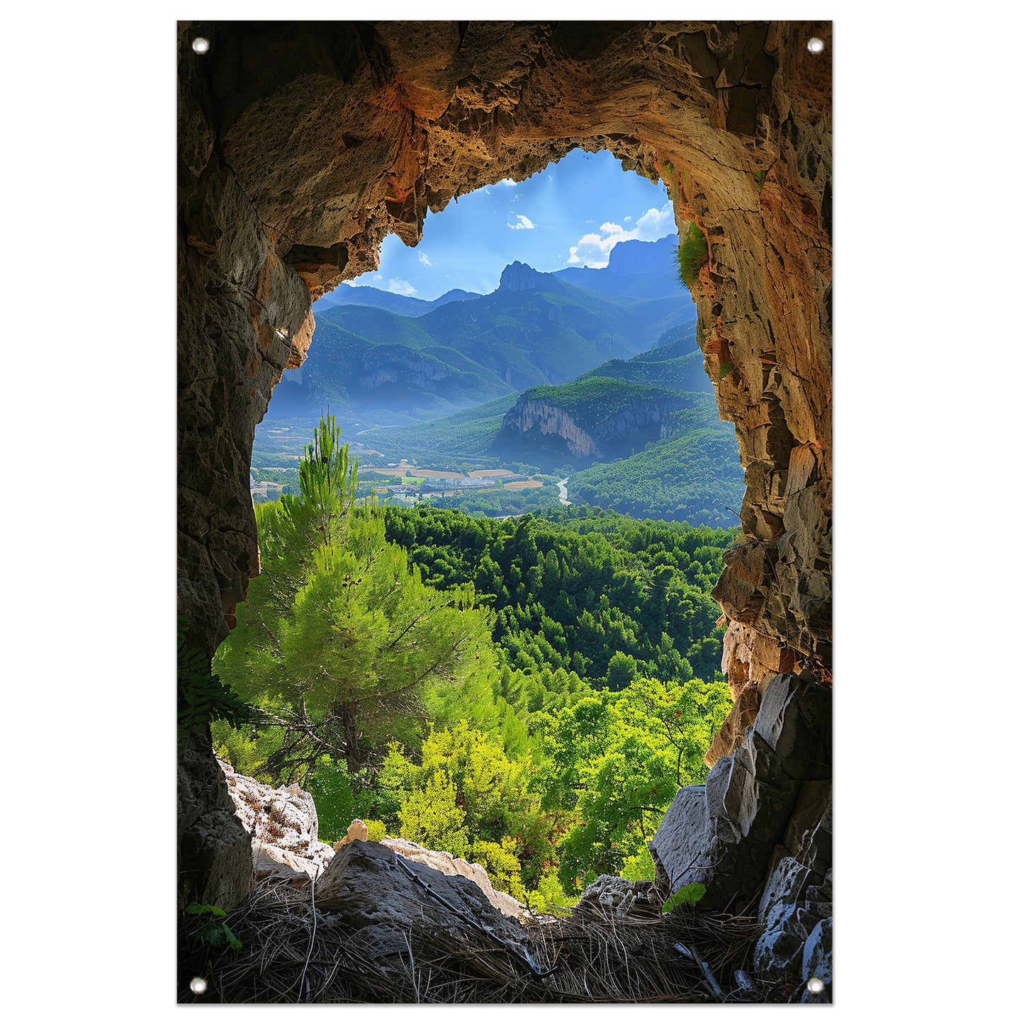 Berglandschap gezien vanuit een grot tuinposter