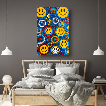 Kleurrijk Smileys in Abstract Cirkels canvas met baklijst