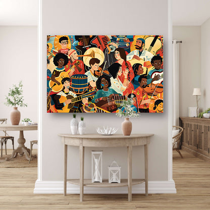 Kleurrijke muzikanten in levendige harmonie acrylglas