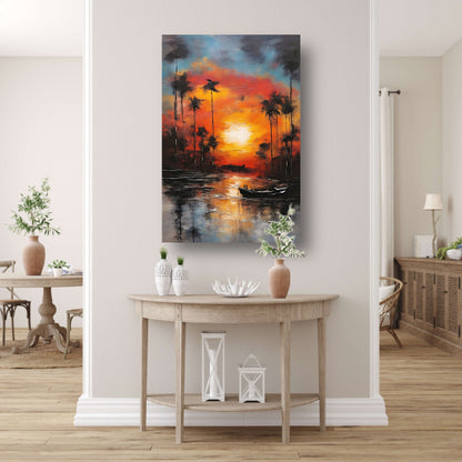 Zonsondergang reflectie en eenzame boot canvas