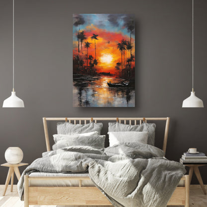 Zonsondergang reflectie en eenzame boot canvas