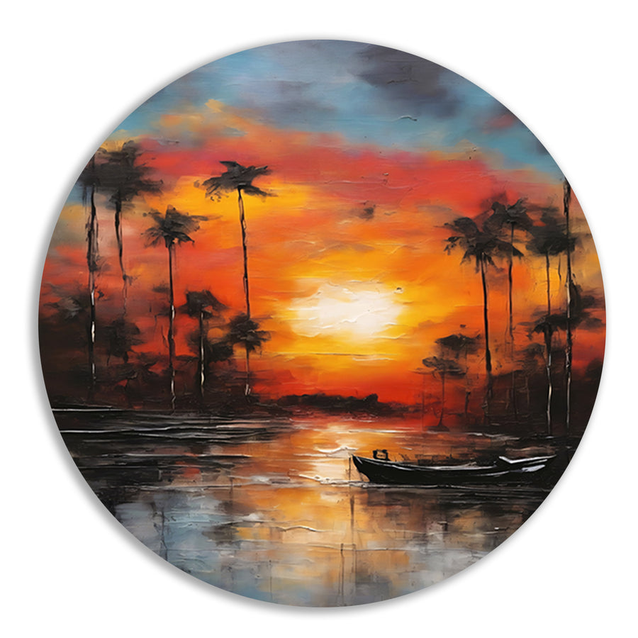 Zonsondergang reflectie en eenzame boot forex muurcirkel