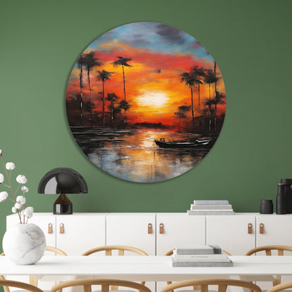 Zonsondergang reflectie en eenzame boot forex muurcirkel