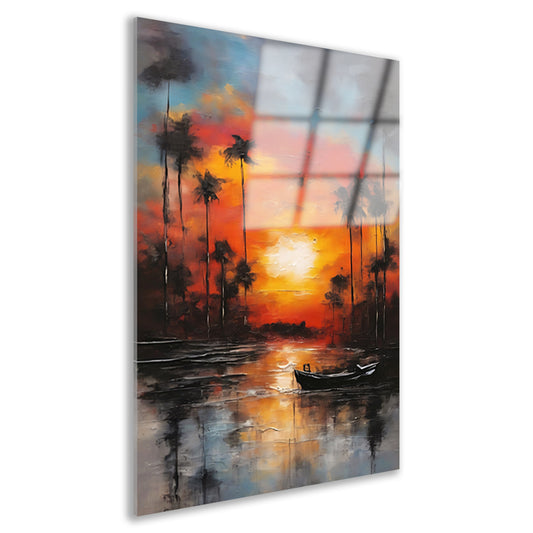 Zonsondergang reflectie en eenzame boot acrylglas