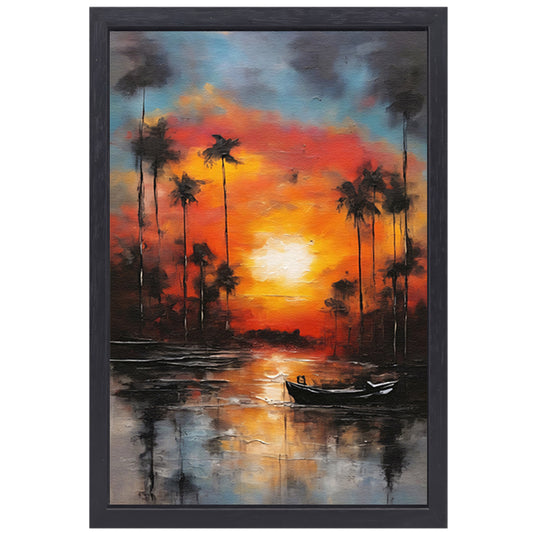 Zonsondergang reflectie en eenzame boot canvas met baklijst