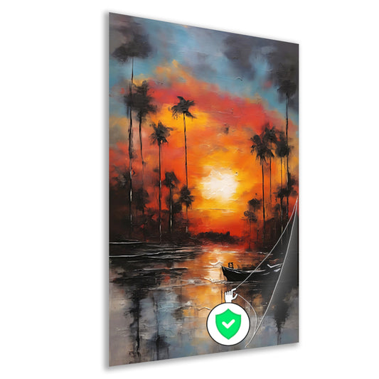Zonsondergang reflectie en eenzame boot poster