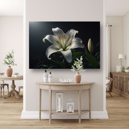 Elegante Witte Lelie met Waterdruppels canvas met baklijst