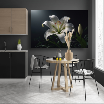 Elegante Witte Lelie met Waterdruppels canvas met baklijst