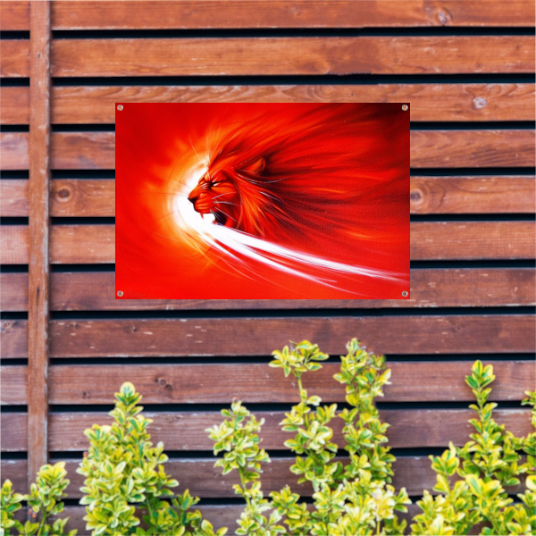 Abstracte leeuw in vurige kleuren schilderij tuinposter