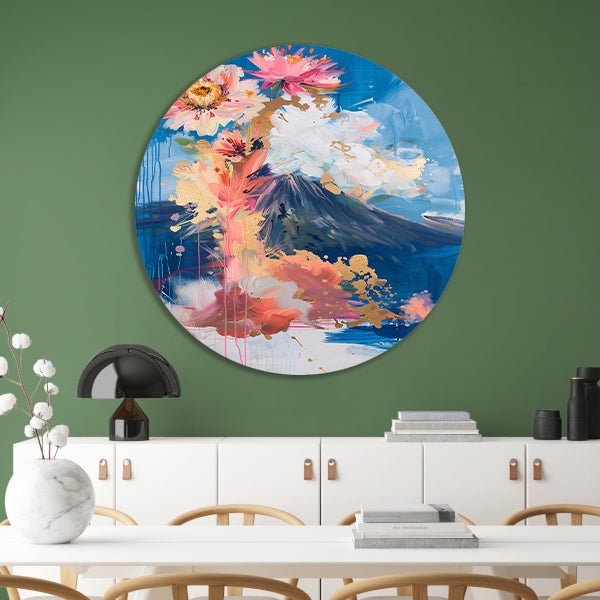 Moderne abstracte schilderij met bloemen en vulkaan aluminium muurcirkel