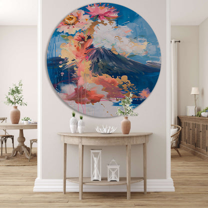 Moderne abstracte schilderij met bloemen en vulkaan aluminium muurcirkel