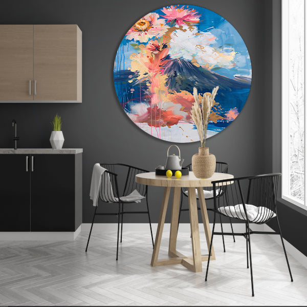 Moderne abstracte schilderij met bloemen en vulkaan aluminium muurcirkel