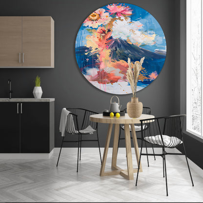 Moderne abstracte schilderij met bloemen en vulkaan aluminium muurcirkel