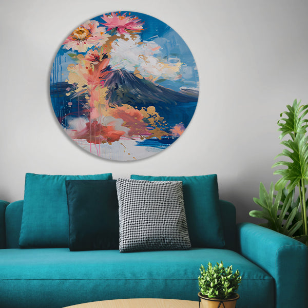 Moderne abstracte schilderij met bloemen en vulkaan aluminium muurcirkel