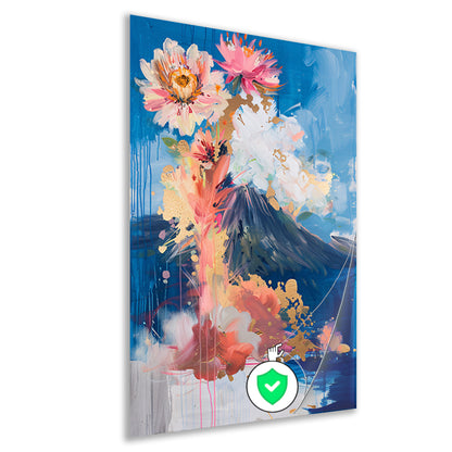 Moderne abstracte schilderij met bloemen en vulkaan poster