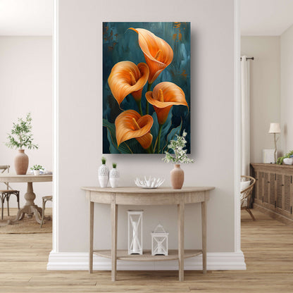 Elegante oranje calla lelies op artistieke achtergrond poster