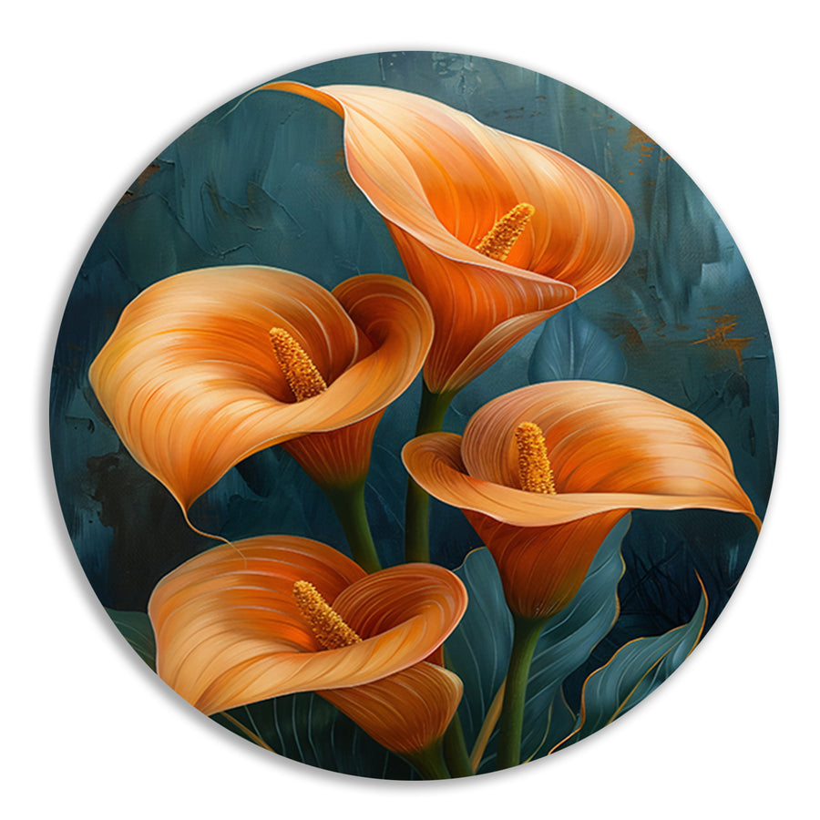 Elegante oranje calla lelies op artistieke achtergrond aluminium muurcirkel