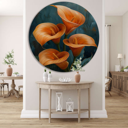 Elegante oranje calla lelies op artistieke achtergrond forex muurcirkel