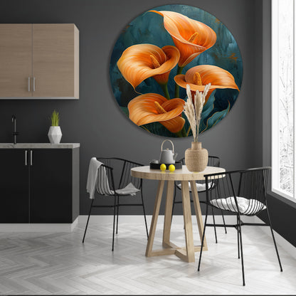 Elegante oranje calla lelies op artistieke achtergrond forex muurcirkel