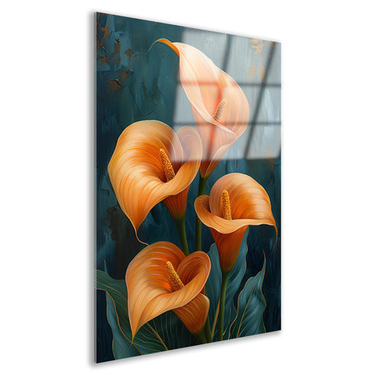 Elegante oranje calla lelies op artistieke achtergrond acrylglas