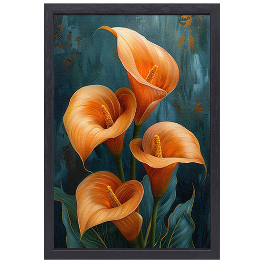 Elegante oranje calla lelies op artistieke achtergrond canvas met baklijst