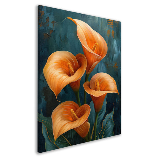 Elegante oranje calla lelies op artistieke achtergrond canvas