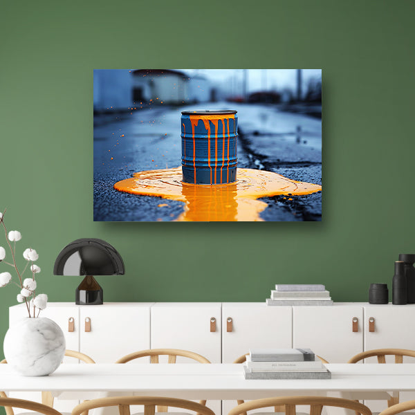 Blauw Vat in Oranje Verf canvas met baklijst