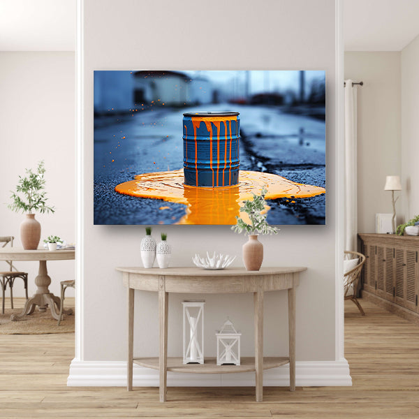 Blauw Vat in Oranje Verf canvas met baklijst