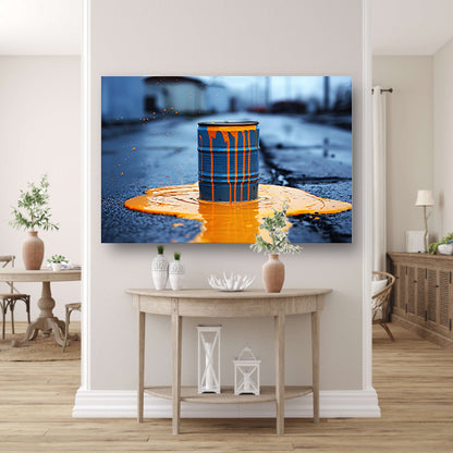 Blauw Vat in Oranje Verf canvas met baklijst