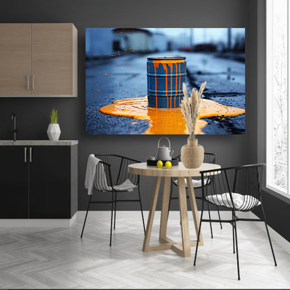 Blauw Vat in Oranje Verf canvas met baklijst