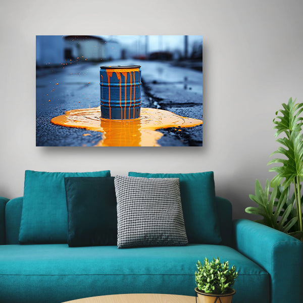 Blauw Vat in Oranje Verf canvas met baklijst