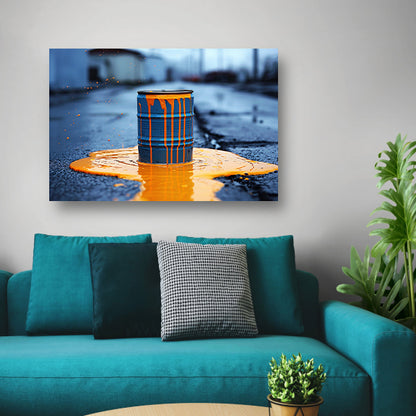 Blauw Vat in Oranje Verf canvas met baklijst
