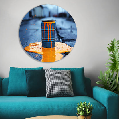 Blauw Vat in Oranje Verf aluminium muurcirkel