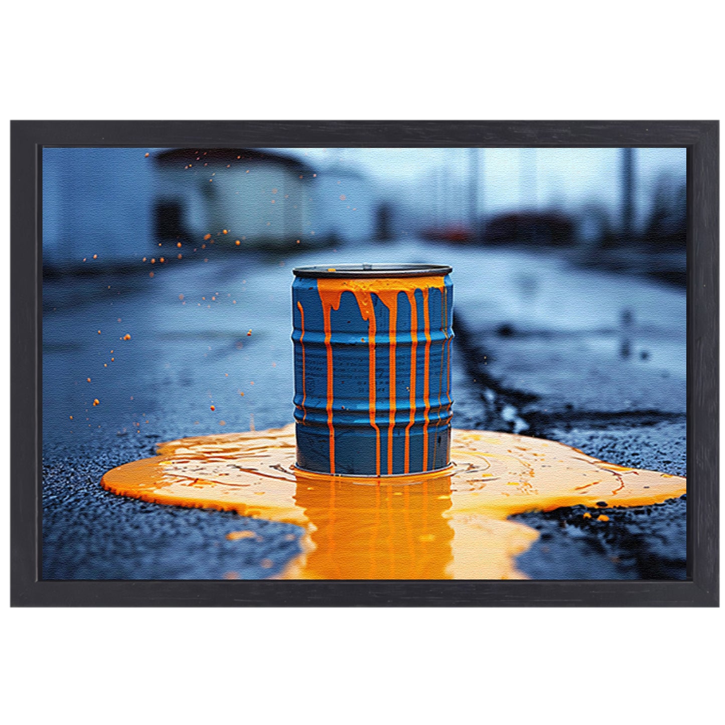 Blauw Vat in Oranje Verf canvas met baklijst